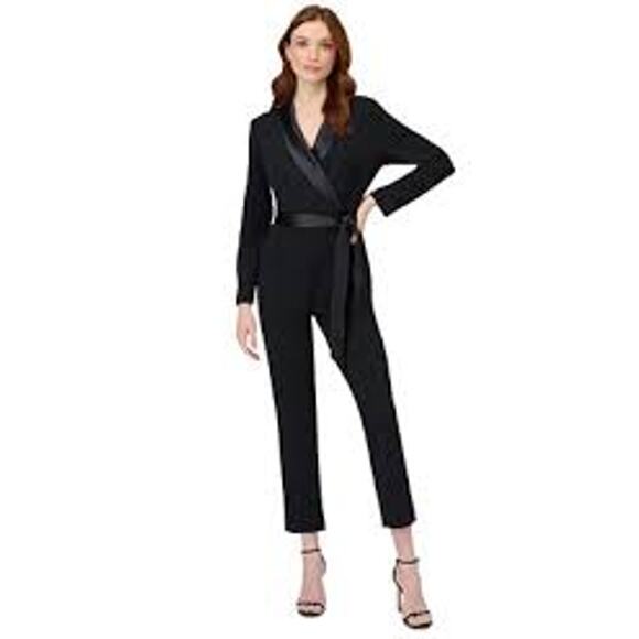 Adrianna Papell Black Tuxedo Jumpsuit Satin Lapel Belt Long Sleeve Women Size 2 - Picture 4 of 12